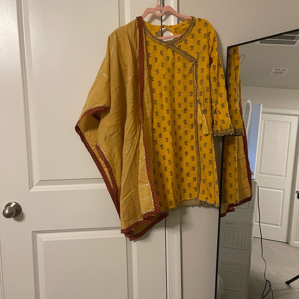 Yellow and Red Embroidered Kurta Set